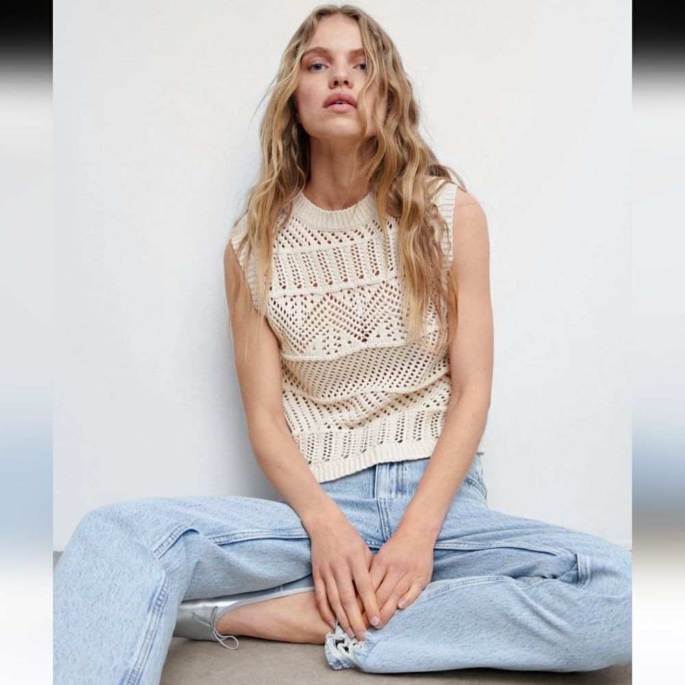 Mango Openwork Knit Cotton Top Size XS In Cream